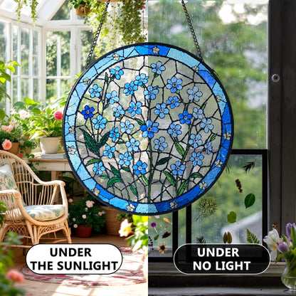 Sahoottie Forget Me Not Flower Stained Glass Window Hanging 7.9in