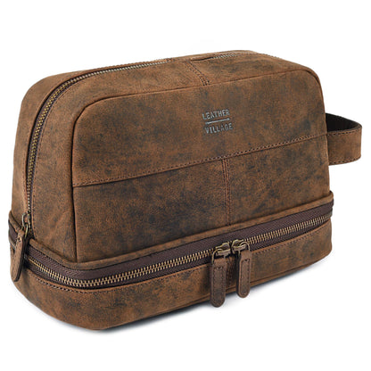 LEATHER VILLAGE Genuine Vintage Leather Dopp Kit - Travel Bag with Waterproof Lining, Large Capacity Toiletry Bag, Dual-Zip Design for Men & Women, Shaving & Bathroom Essentials Organizer-Rustic Brown
