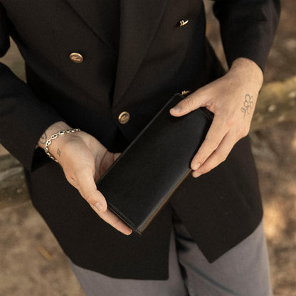 Time Resistance Long Leather Wallet - Bifold Mens Suit Leather Wallet - Checkbook Wallet - Tall Billfold Card Case - Slim Wallet Made in Italy (Black)