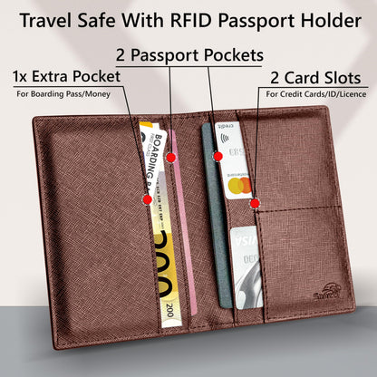 Snazzy Hawk 2 Passport Holder - Travel Essentials, RFID Blocking Wallet Credit Card Organiser, Plain Accessories Slim Cover For Men Women (Brown)