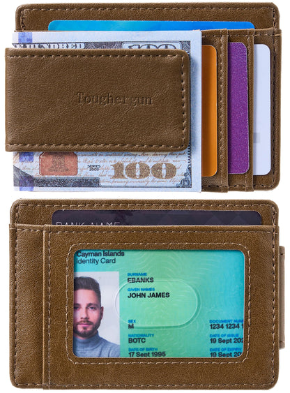 Toughergun Slim Wallet for Men RFID Blocking Money Clip, Minimalist Front Pocket Credit Card Holder, Magnetic Thin Mens Wallets with ID Window（Wax Brown）