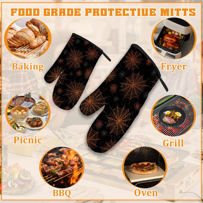 Halloween Oven Mitts and Pot Holders Set,Spider Web Kitchen Decor Heat Resistant Non Slip Hot Pads and Oven Mitt for Chef Cooking Baking BBQ Mom Girl Gifts(4 Piece Set)