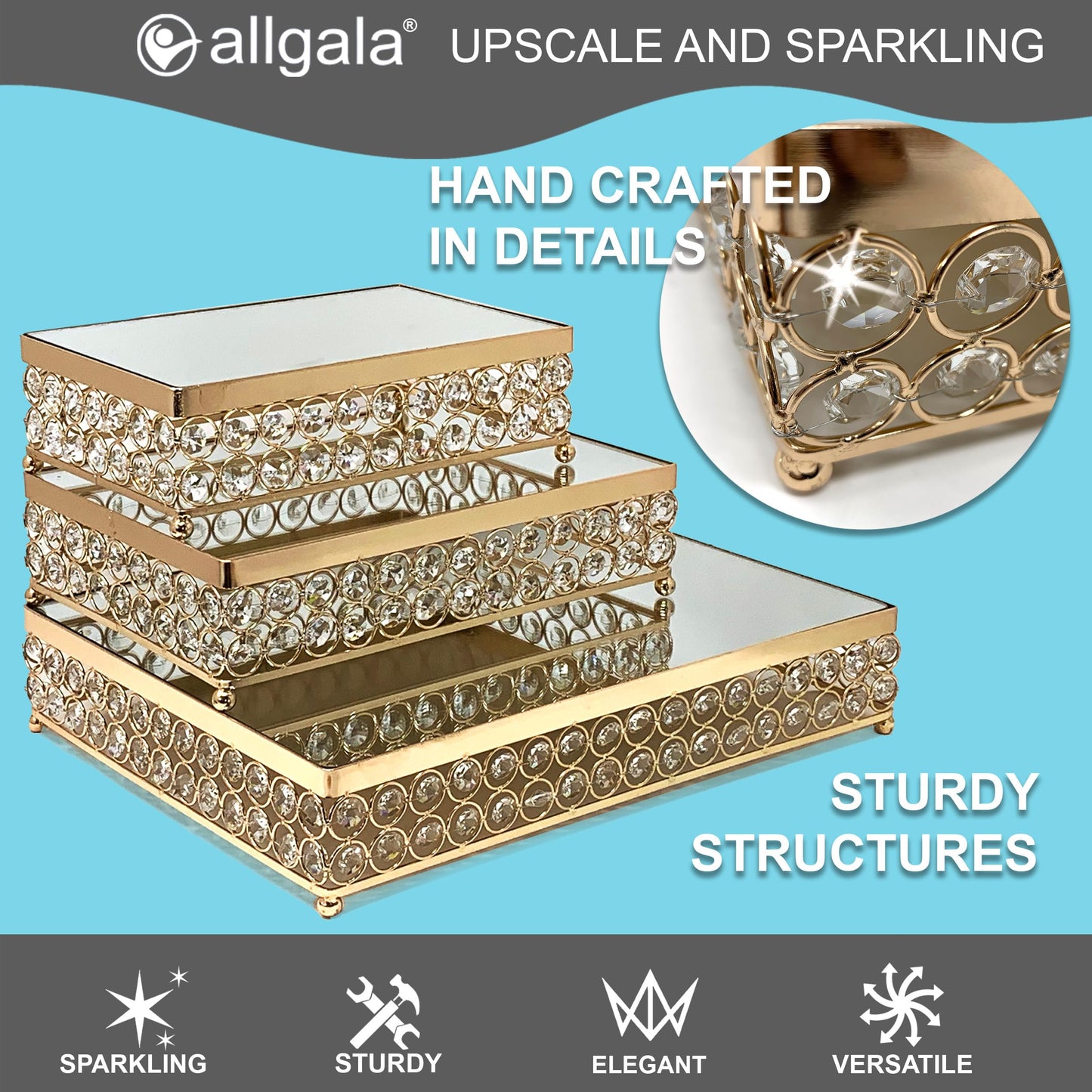 Allgala Wedding Cake Stands 3-Piece Set Crystal Gold Plated Cheese Dessert Cupcake Cake Stand with Mirror Plate-Gold Rectangle-HD89203