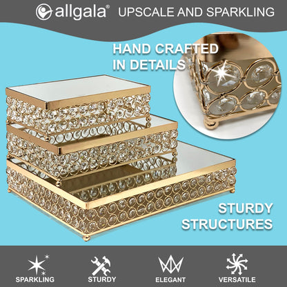 Allgala Wedding Cake Stands 3-Piece Set Crystal Gold Plated Cheese Dessert Cupcake Cake Stand with Mirror Plate-Gold Rectangle-HD89203