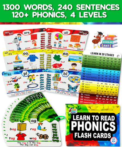 Phonics Flash Cards with Proven Spaced Repetition Learning System - Learn to Read in 20 Phonic Stages - Digraphs CVC Blends Long Vowel Sounds Phonics Games for Kids Ages 4-8 Kindergarten 1st 2nd Grade