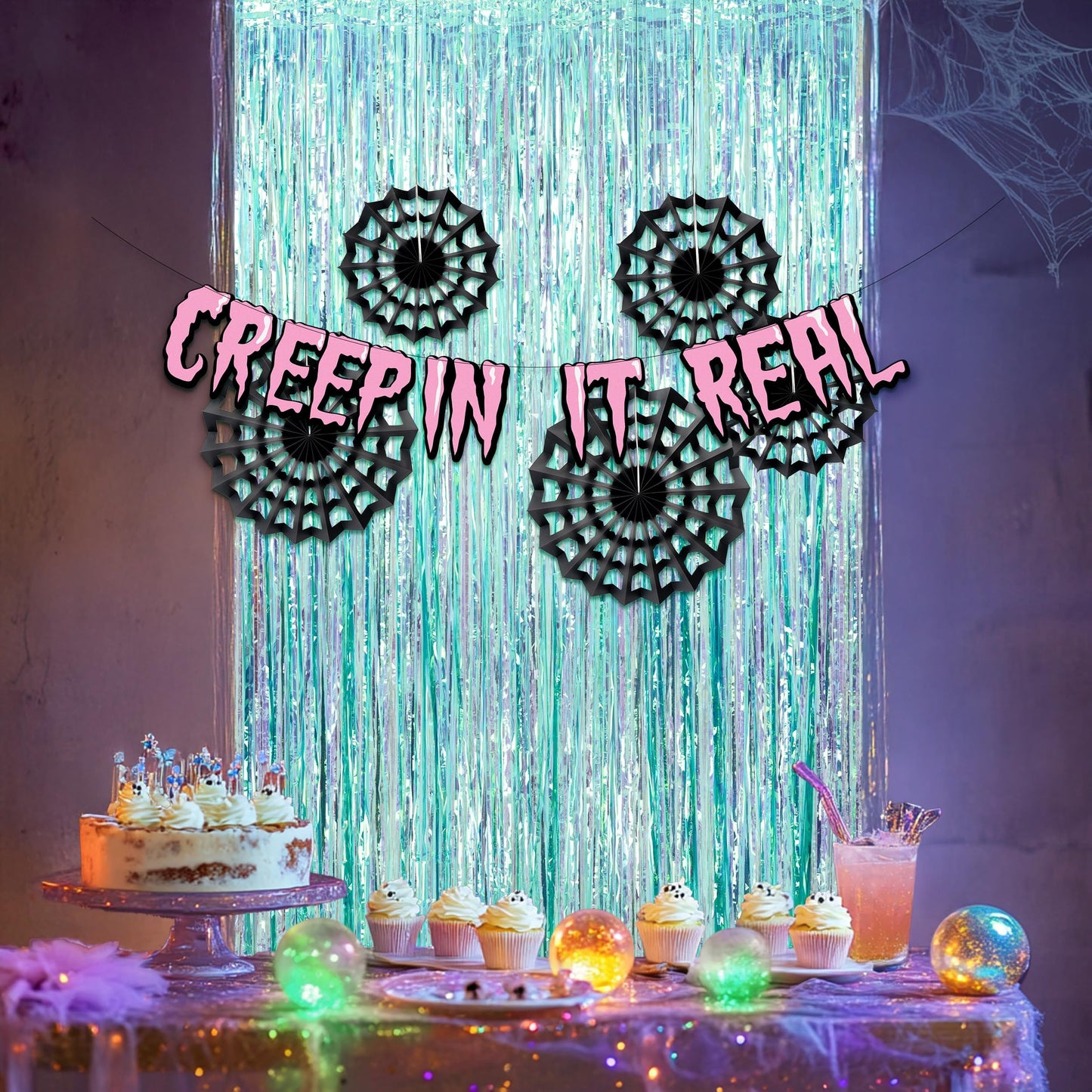 Cheerland Cyan Summerween Spider Web Backdrop Banner Party Decorations Pastel Foil Halloweeween Neon Curtain Streamers Cobweb Paper Fans Photobooth Background for Birthday Witch Cosplay Party Supplies