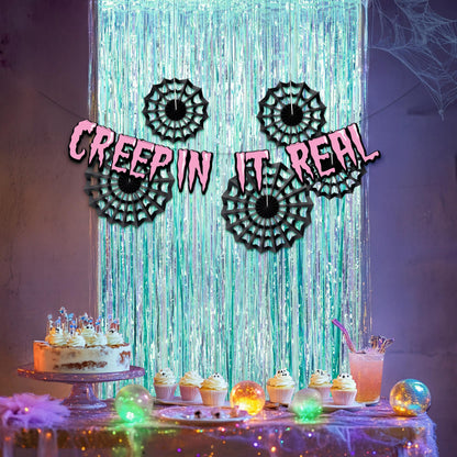 Cheerland Cyan Summerween Spider Web Backdrop Banner Party Decorations Pastel Foil Halloweeween Neon Curtain Streamers Cobweb Paper Fans Photobooth Background for Birthday Witch Cosplay Party Supplies
