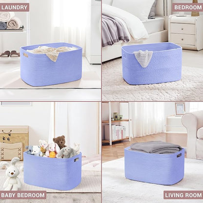 45L Small Baby Girls Laundry Basket for Nursery Storage,Cute Woven cotton Rope Baskets for Kids Toy，Gifts, Boho Square Wicker Blanket hamper for Living Room,Bedroom Dirty Clothes,Blue Purple