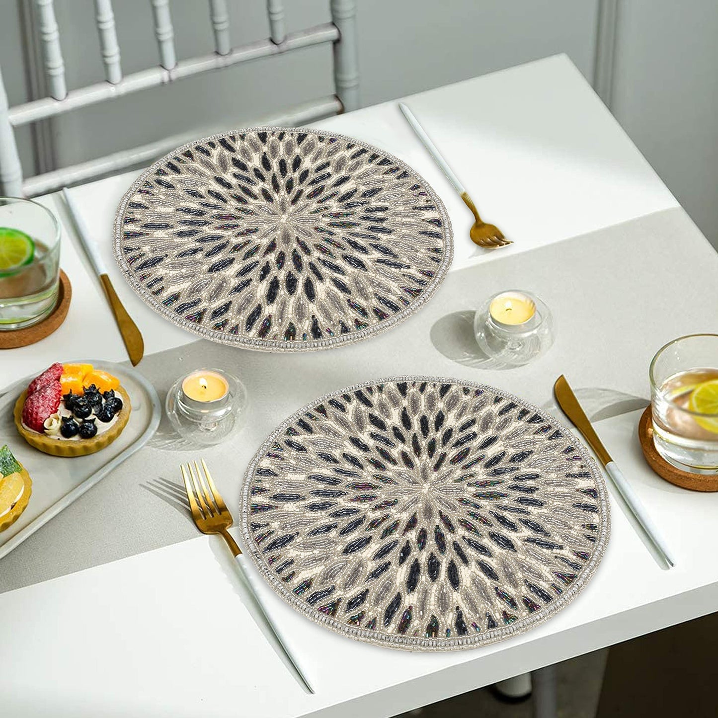 Beaded Charger 13" Round Floral Marigold - Silver Dark Grey Placemat for Dining Table, Holiday & Christmas