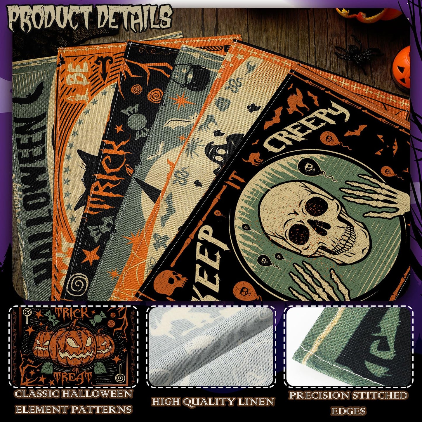 Umigy 6 Pcs Halloween Placemats 12"x18" Gothic Bat Placemats Kitchen Decoration Washable Witch Place Mats Rectangle Skull Table Mats for Halloween Dining Table Accessories(Scary)