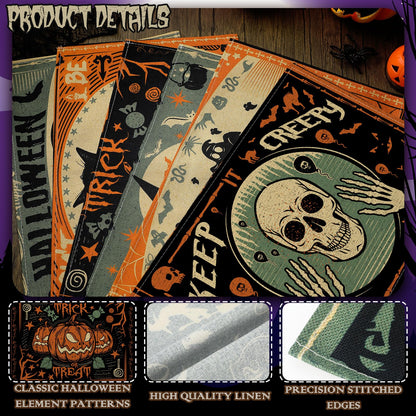 Umigy 6 Pcs Halloween Placemats 12"x18" Gothic Bat Placemats Kitchen Decoration Washable Witch Place Mats Rectangle Skull Table Mats for Halloween Dining Table Accessories(Scary)