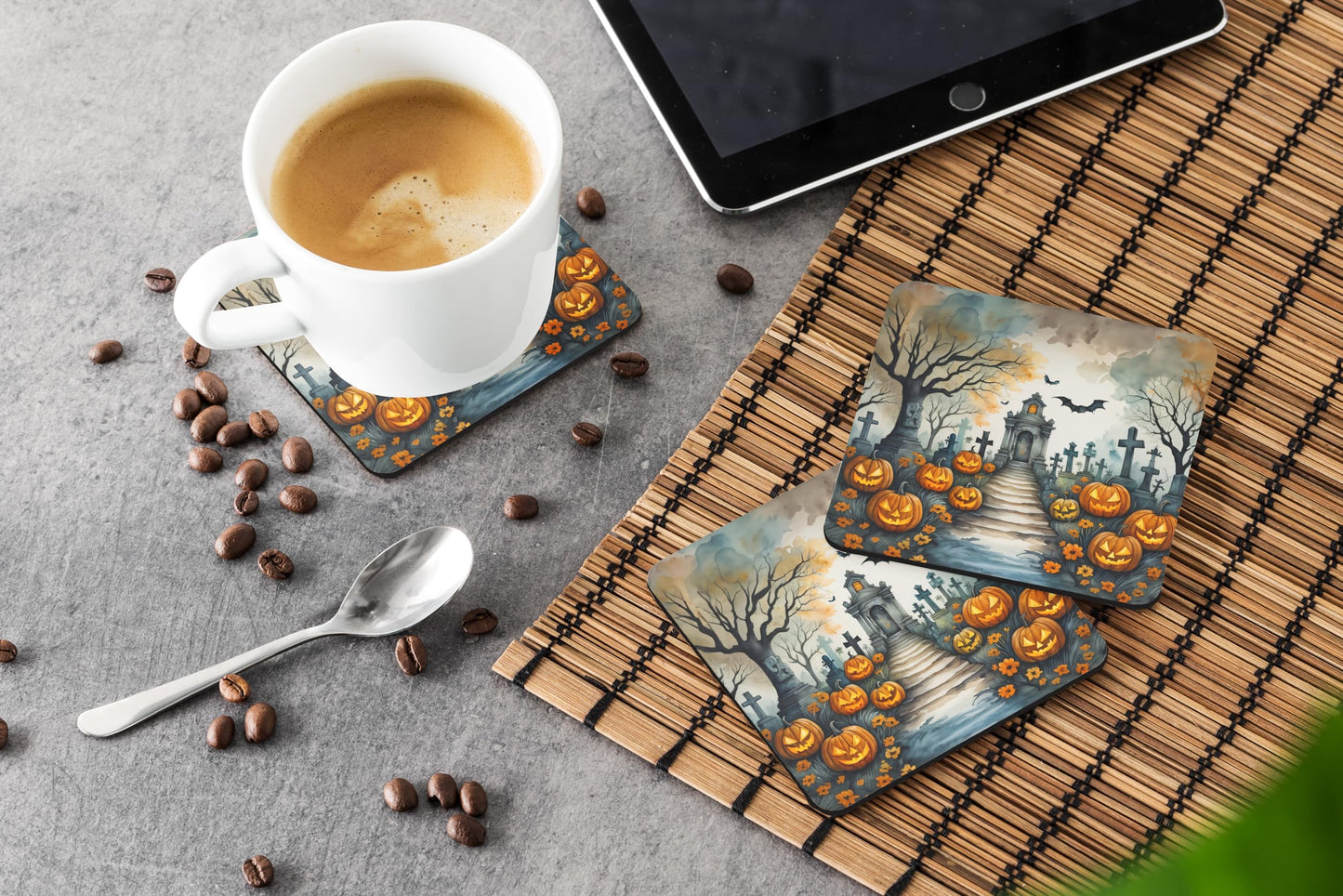 Caroline's Treasures Marigold Spooky Halloween Foam Coaster Set of 4 Cup Coasters for Indoor and Outdoor, Coaster for Tabletop Protection, Anti Slip, Mouse pad Material