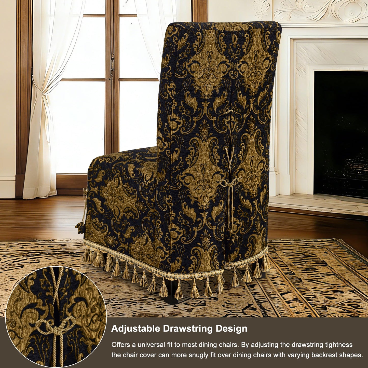 Loom and Mill 1 Piece Luxury Dining Chair Cover, Classic Damask Jacquard Dining Room Parsons Chair Covers with Tassels & Ties, Non Slip Full Cover Protector for Halloween Holiday Party Decor(Black)