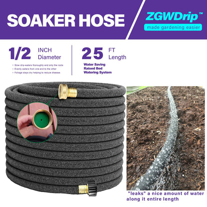 ZGWDrip 25FT 1/2" Water-Saving Soaker Hose with Solid Brass Connectors, Drip Irrigation Kit for Lawn & Yard