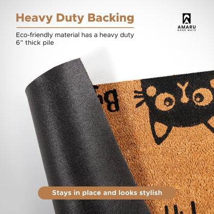 Hi-Bye Cat - 17"x29" - Coir Door Mat with Heavy Duty Backing - Welcome Mats for Entryway, Porch - Anti-Slip PVC & Coconut Fiber Surface - Natural Home Accessories, Minimalist Original Design