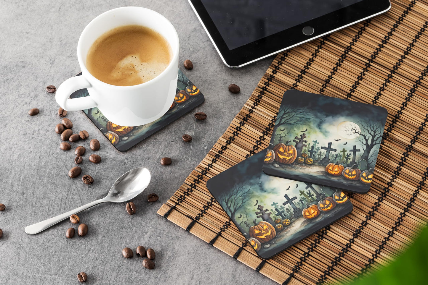 Caroline's Treasures Graveyard Spooky Halloween Foam Coaster Set of 4 Cup Coasters for Indoor and Outdoor, Coaster for Tabletop Protection, Anti Slip, Mouse pad Material