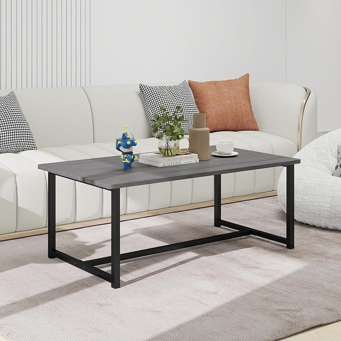 35.4" Rectangular Coffee Table for Living Room, Modern Industrial Style Coffee Table Center Table with Metal Frame for Small Space, Apartment, Office, Easy Assembly, Grey