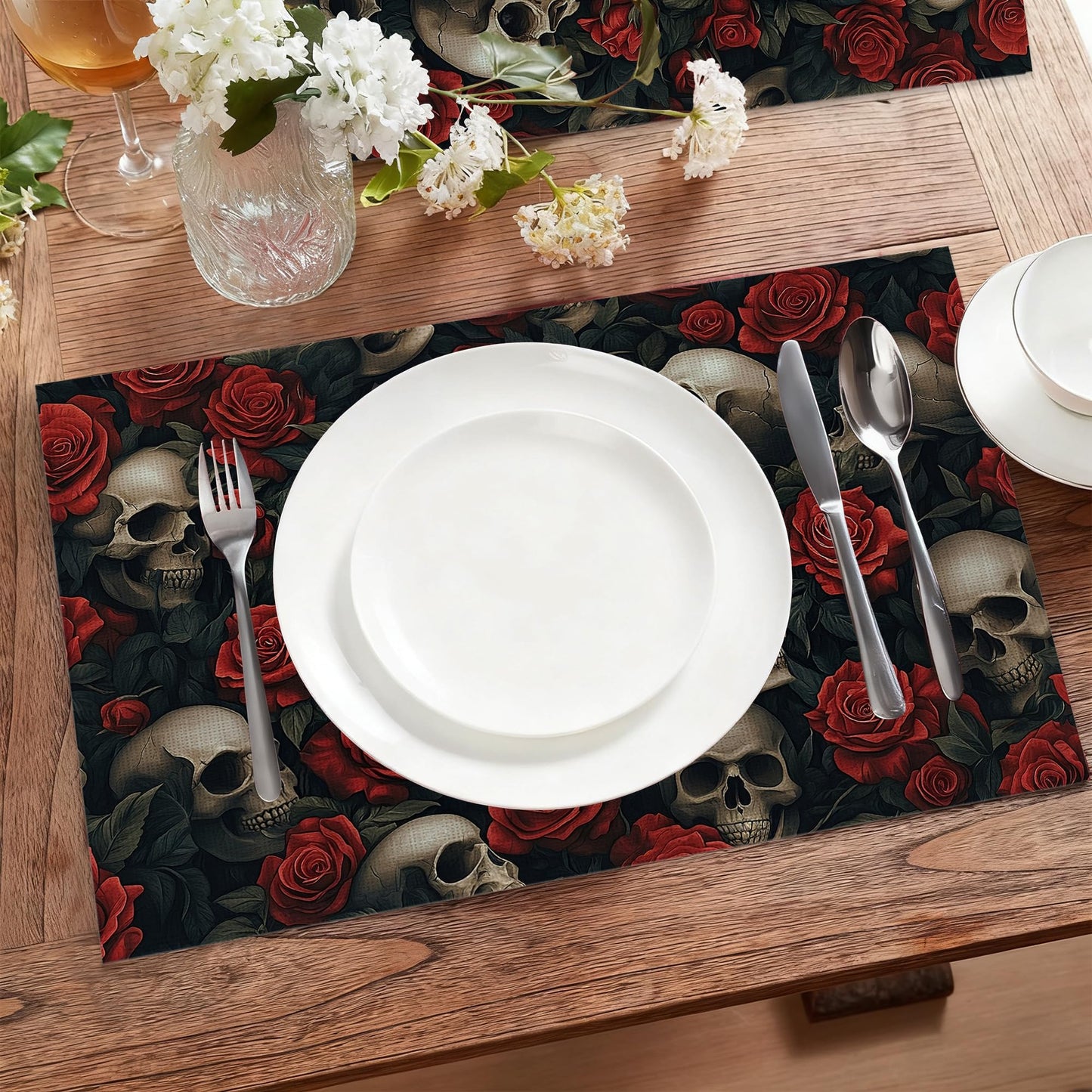 Cloth Placemats,Gothic Skull Fabric Placemats Set of 6,Washable Halloween Red Rose Flower Table Mats,Decorative Place Mats for Dining Home Kitchen Holiday Party 11.8x17.7 Inch
