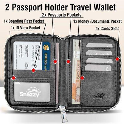 Snazzy Hawk RFID Travel Wallet Passport Holder w/Zipper - Organizer Bag for Travel Documents – Safety Essentials Cover for Men Women