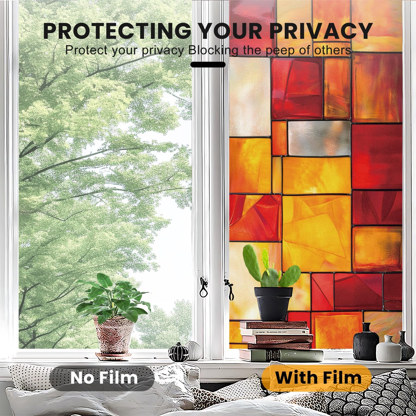 AOHMPT Stained Glass Window Privacy Film Static Cling - Rainbow Glass Decorative Sun Blocking Window Covering, Non-Adhesive Removable Stickers for Home & Office, 17.5" x 39.3"