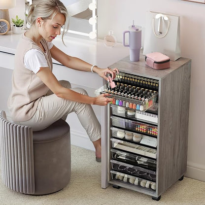 WOPITUES Storage Drawer Cart, Mobile Storage Cabinet, Makeup Storage with 10 Large Clear Drawers, Utility Wooden Rolling Cart on Wheels, for Cosmetic, Art Craft, Office Supplies, Toy, Grey