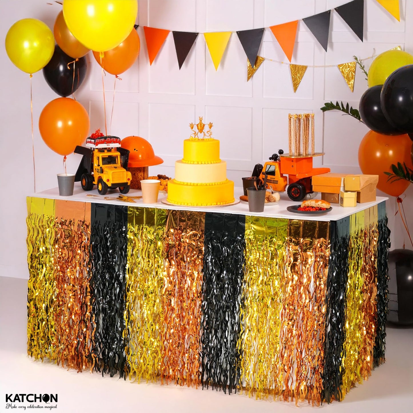 KatchOn, Black and Gold Table Fringe – Pack of 2 | Black, Gold, Orange Party Decorations | Tinsel Table Skirt Streamers for Graduation Decorations 2026 | Construction Party Decorations