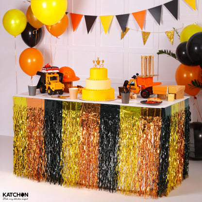 KatchOn, Black and Gold Table Fringe – Pack of 2 | Black, Gold, Orange Party Decorations | Tinsel Table Skirt Streamers for Graduation Decorations 2026 | Construction Party Decorations