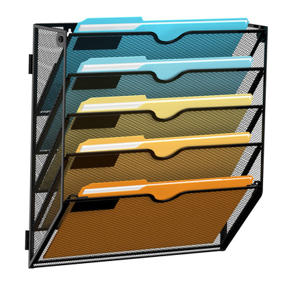 SUPEASY 5 Tier Wall File Organizer, Hanging Wall Mounted Mail Organizer with Label Slots, Metal Mesh File Holder Magazine Rack for Office, Home, School or Classroom, Black
