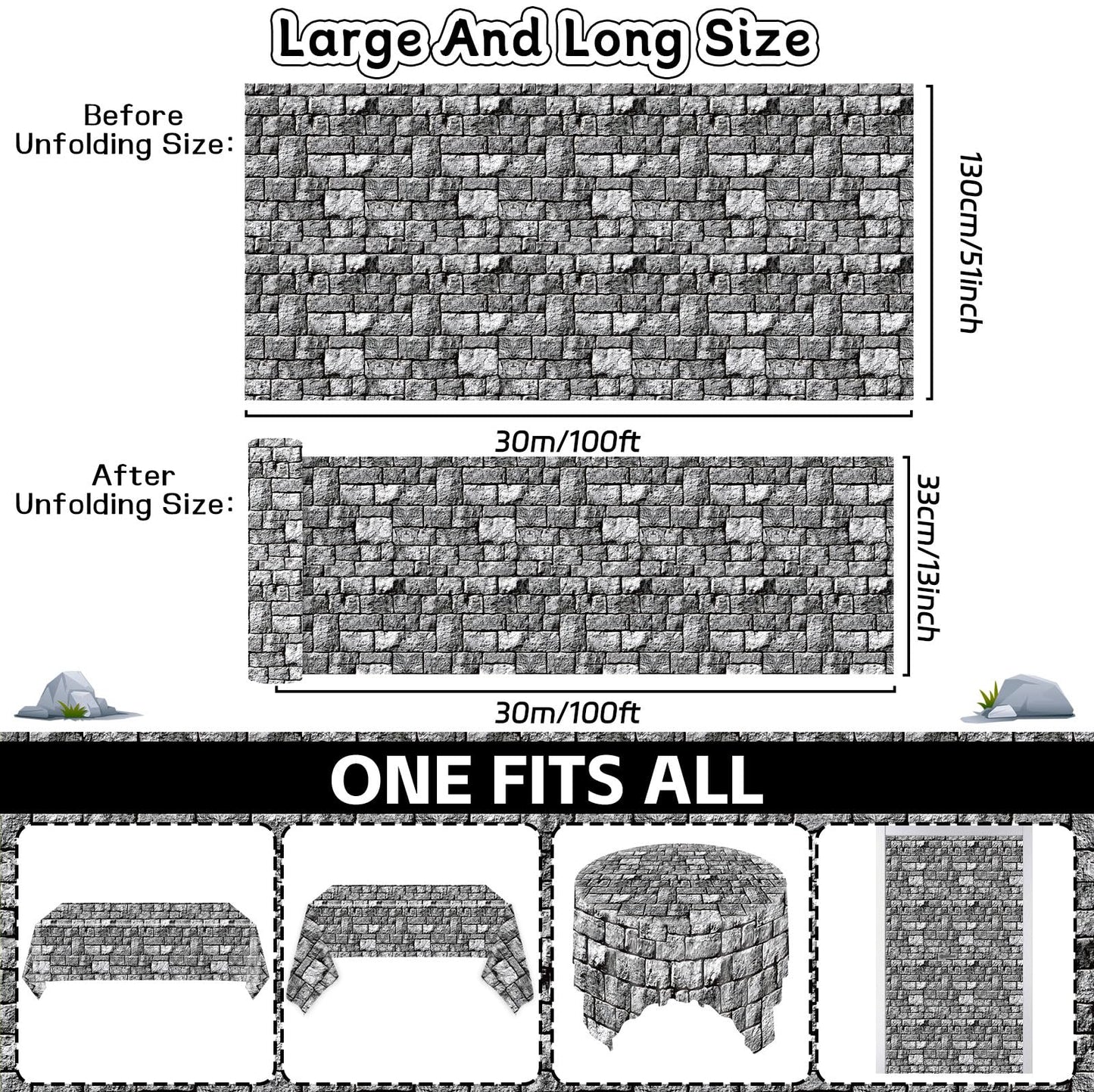 party greeting Brick Stone Wall Tablecloth Roll Disposable Stone Wrapping Plastic Table Cover Castle Backdrop for Halloween Western Birthday Medieval Party Decoration Favors Supplies 100FT x 51 Inch