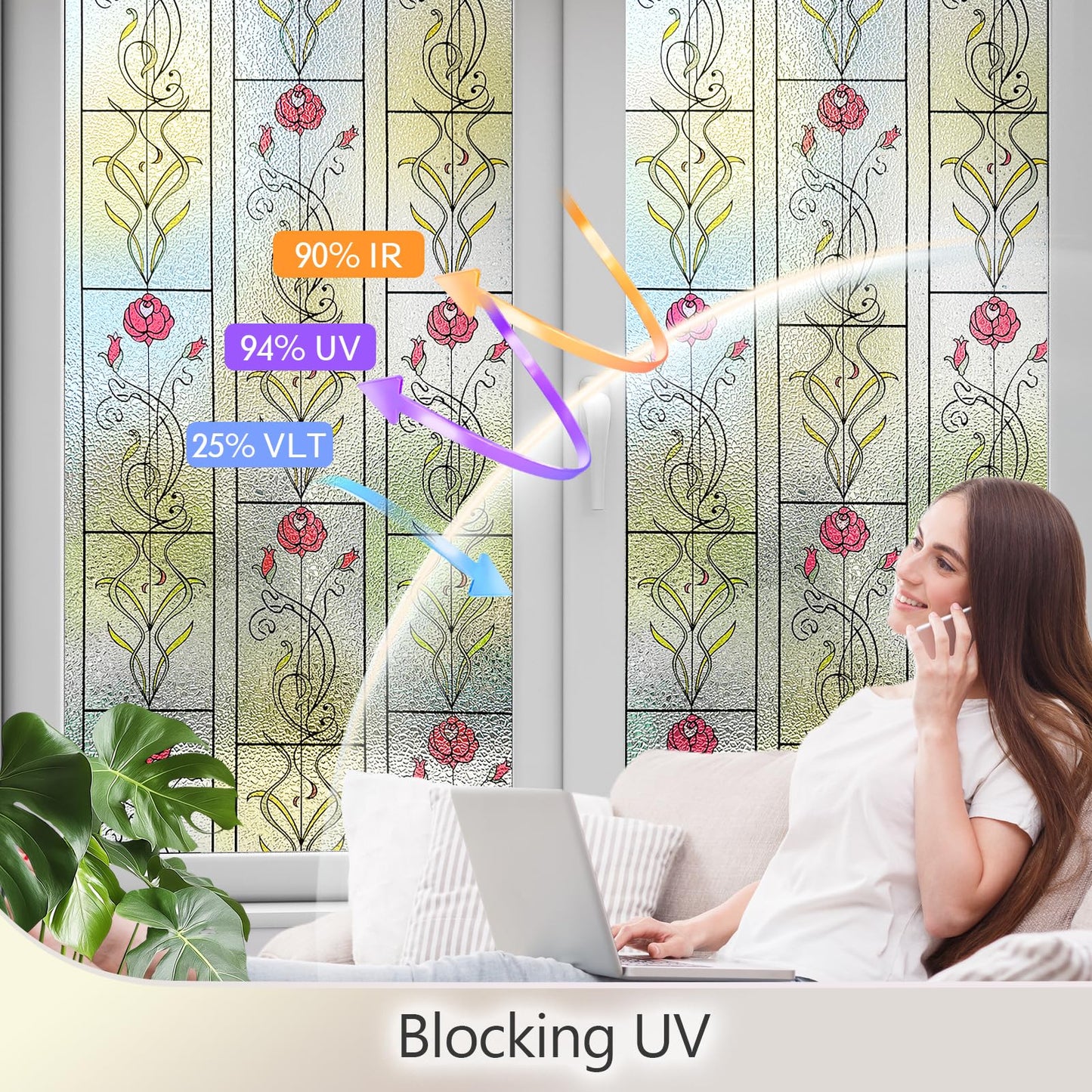 KESPEN WINDOW FILMS Window Privacy Film Stained Glass Frosted Glass Films Decorative Window Film with Rose Flower Static Cling Non-Adhesive Stickers Heat Control for Home, 17.5 Inch X 6.5 Feet