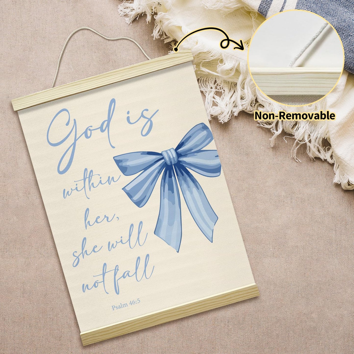 Blue Bow Coquette Poster Hanger Frame, God is within Her Bible Verse Christian Posters Canvas Wall Art for Women Girls Dorm Bedroom Decor, 12x16 Inches -030