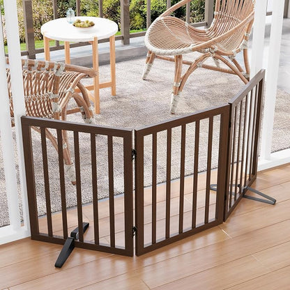 Freestanding Dog Gates Indoor, 3-Panel Pet Gates with 2 Metal Stands and 360° Hinge, 24" H Foldable Dog Gate for Stairs, Doorway, Kitchen, Expands Up to 55" Fully Assembled - Black Walnut