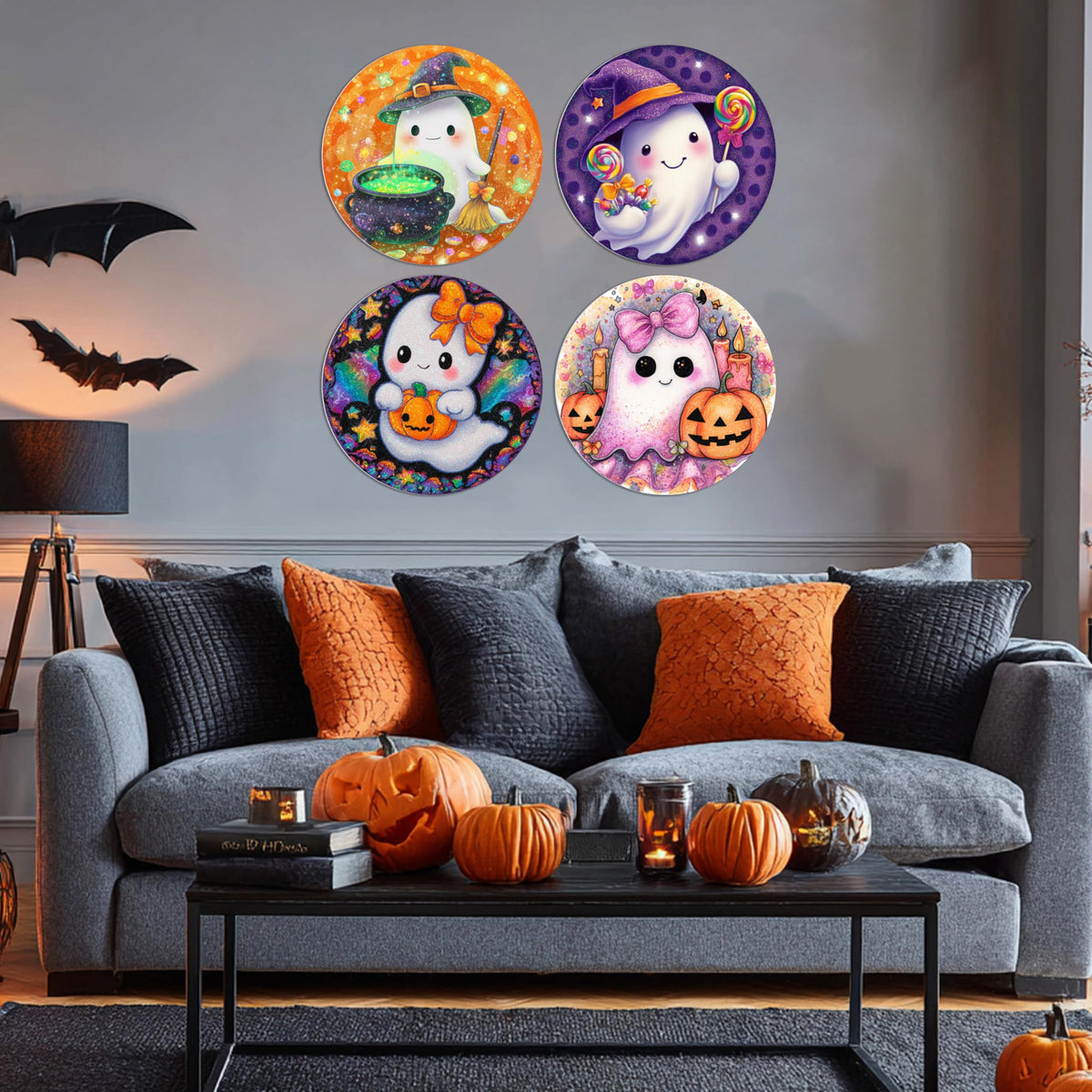 TracyArt Halloween Wall Decor, Horror Gifts - Cute Ghosts, Halloween Poster, Horror Decor, 4 pcs 12"
