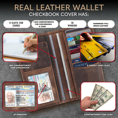 F&L CLASSIC Men's RFID Vintage Look Genuine Leather Long Bifold Wallet Checkbook Wallets,buffalo vintage leather