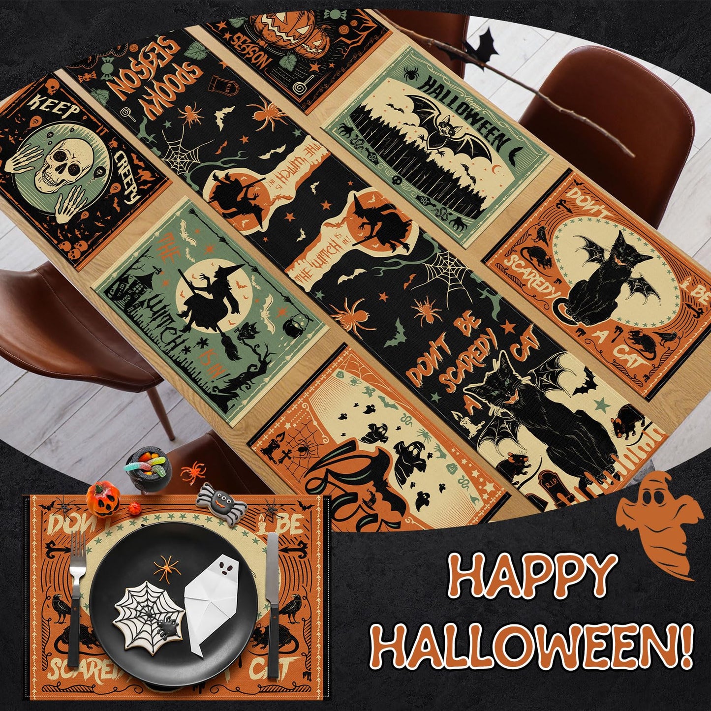 Breling 7 Pcs Halloween Placemats with Runner 12"x18" Terror Forest Gothic Bat Placemats Washable Rectangle Skull Table Mats for Halloween Kitchen Dining Table Home Accessories (Scary)
