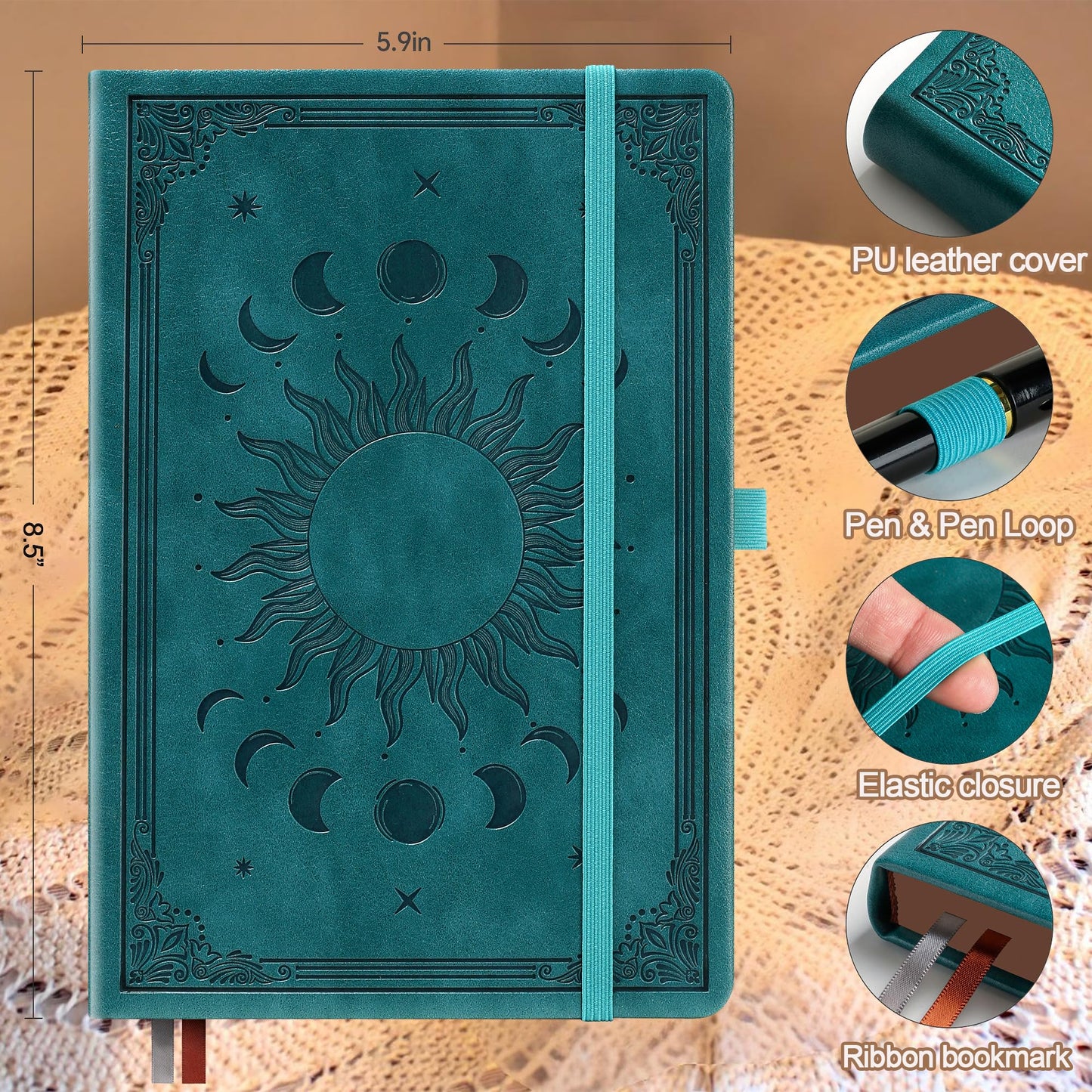 HwxBen Journal Notebook for Women/Men, Daily for Classic Lined Writing,360 Pages Leather Hardcover with Vintage Sun & Moon Design, SeaGreen, A5 (14.5 x 21 cm)