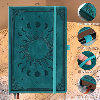HwxBen Journal Notebook for Women/Men, Daily for Classic Lined Writing,360 Pages Leather Hardcover with Vintage Sun & Moon Design, SeaGreen, A5 (14.5 x 21 cm)