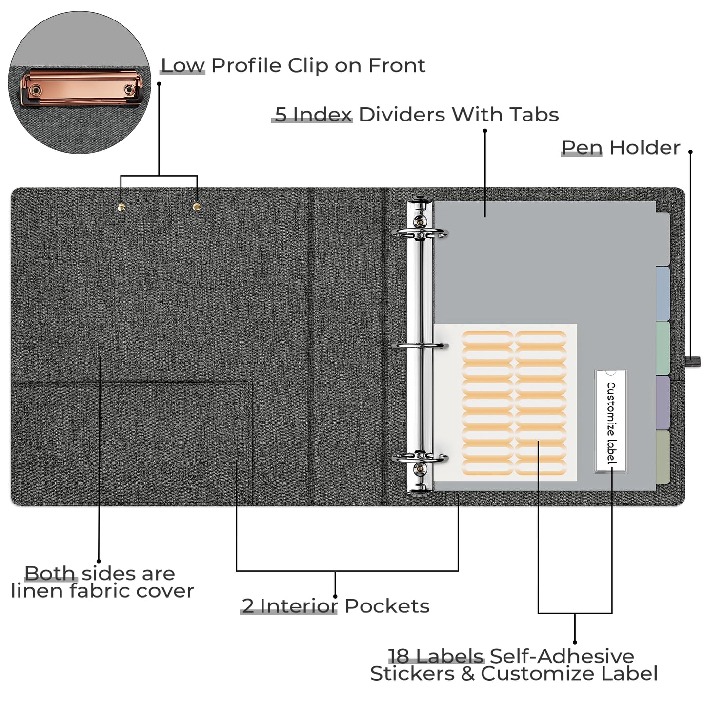 EYROZILL 3 Ring Binder 2 Inch, Binder for Letter Size (11" x 8.5") with 5 Tab Dividers, File Folder Labels and Low Profile Clipboards, Darkgrey