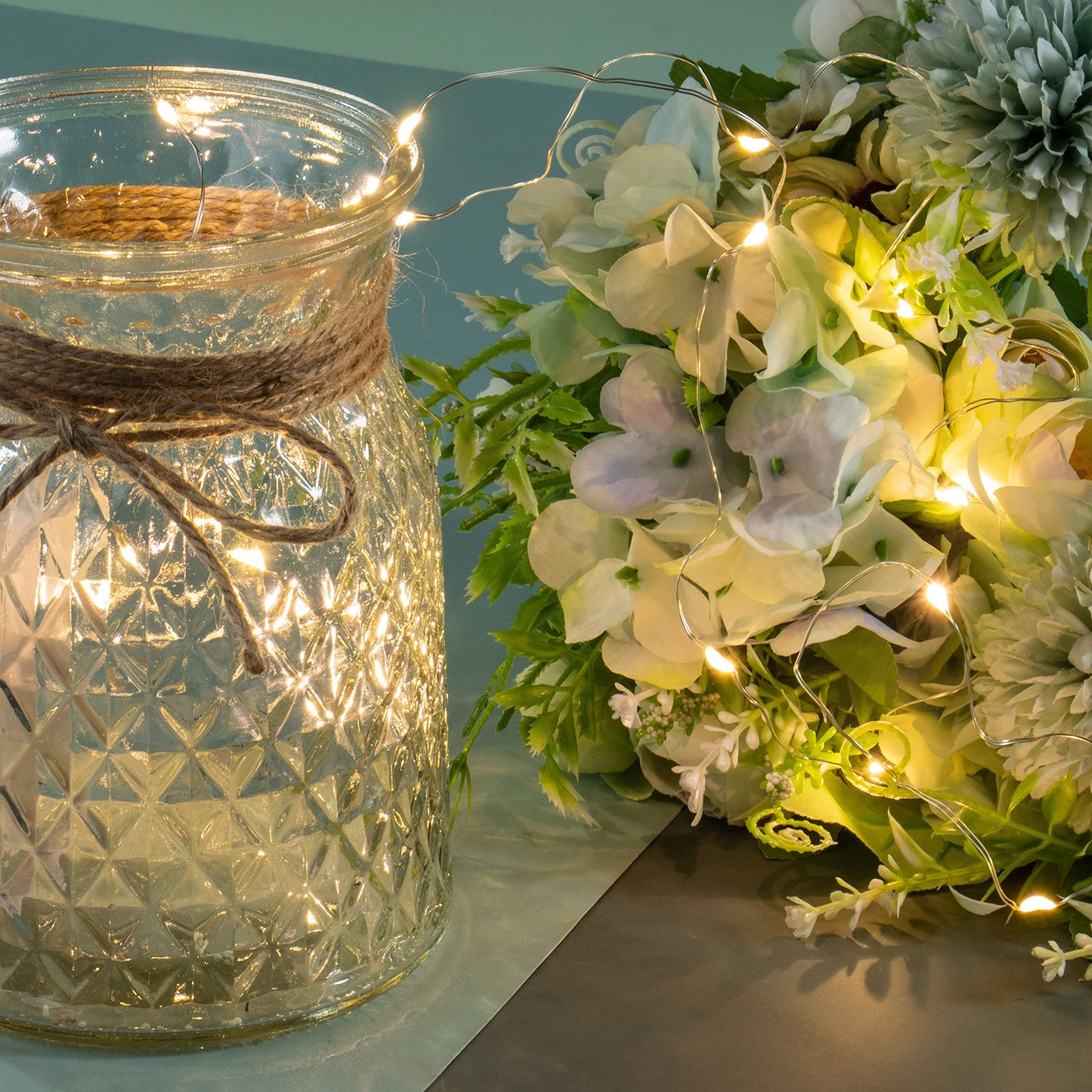 Artificial LED Green Rose Flowers with Glass Vase, Remote Control Led Light, Flower Arrangement for Table Centerpiece, Home Office Wedding Decoration