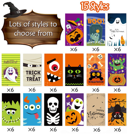90shine 90PCS Halloween Treat Bags Party Favors - Trick or Treat Candy Goodie Gift Bag Stuffer Filler Paper Supplies Decorations with 90 Stickers