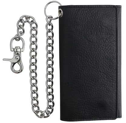F&L CLASSIC RFID Blocking Mens Tri-fold Long Style Cowhide Leather Steel Chain Wallet,Black