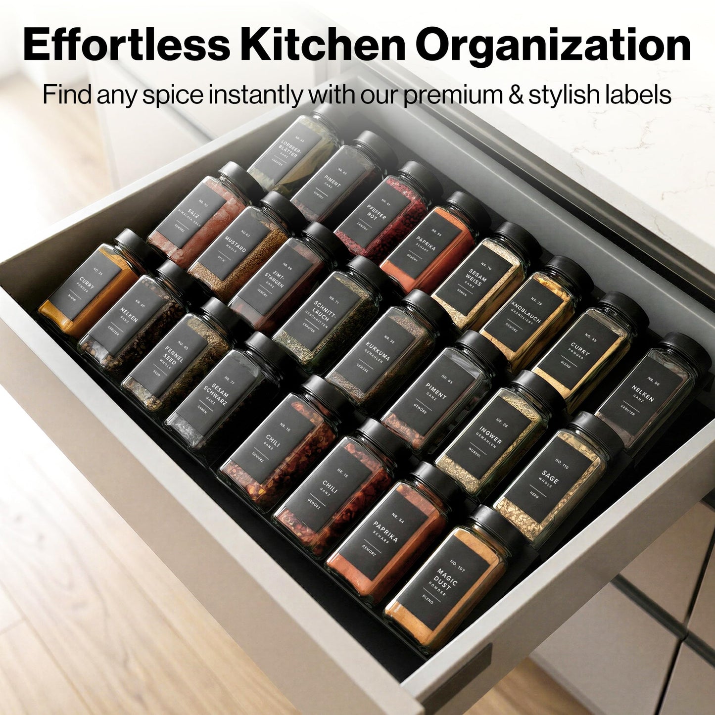 Minimalist Spice Jar Labels Self-Adhesive - 240 Stickers for Spice Jars, Spice Jars & Drawers, Round & Rectangular, Waterproof Spice Organiser Labels for Kitchen Organisation (Black)