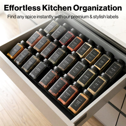 Minimalist Spice Jar Labels Self-Adhesive - 240 Stickers for Spice Jars, Spice Jars & Drawers, Round & Rectangular, Waterproof Spice Organiser Labels for Kitchen Organisation (Black)