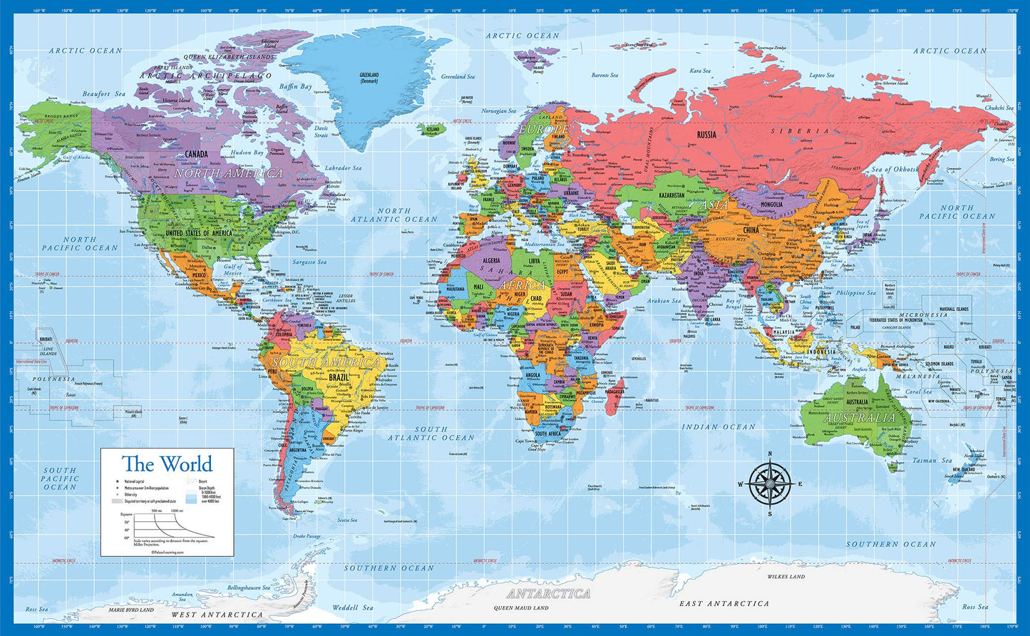 Palace Learning 3 Pack - Solar System Poster + Periodic Table of The Elements for Kids + World Map Chart [Blue Ocean] (LAMINATED, 18" x 24")