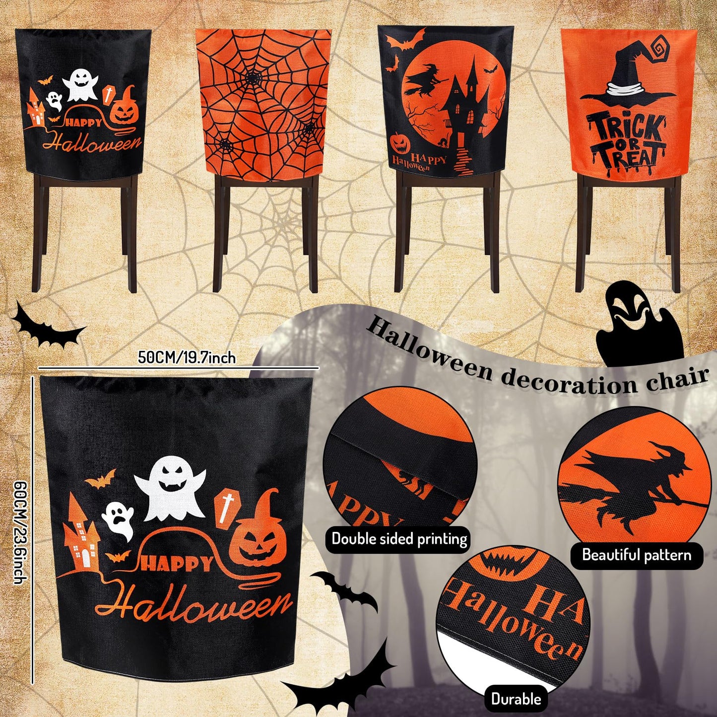 Whaline 4 Pack Happy Halloween Chair Covers Spooky Chair Back Covers Halloween Ghost Witch Bat Dining Room Seat Covers Orange Black Chair Slipcovers for Home Dining Room Kitchen Halloween Party