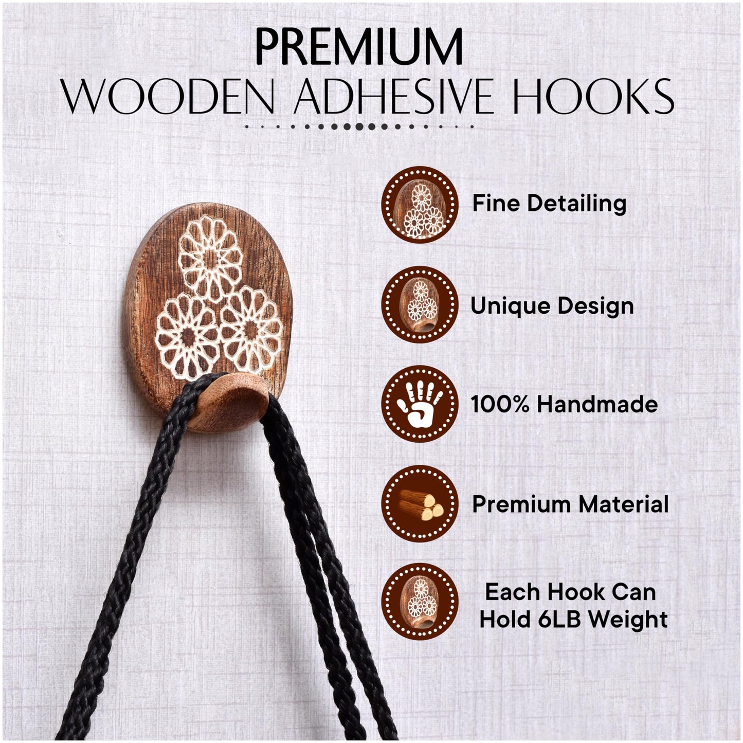 Indian Shelf 6 Lb Decorative Wood Adhesive Wall Hooks–Boho Peel and Stick Hooks for Keys, Hats, Towels, Bags & Entryway Decor, Self Adhesive Wall Mounted Hooks for Home Organization -6 Pieces