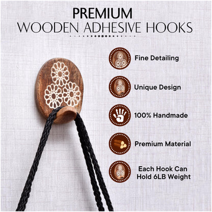 Indian Shelf 6 Lb Decorative Wood Adhesive Wall Hooks–Boho Peel and Stick Hooks for Keys, Hats, Towels, Bags & Entryway Decor, Self Adhesive Wall Mounted Hooks for Home Organization -6 Pieces