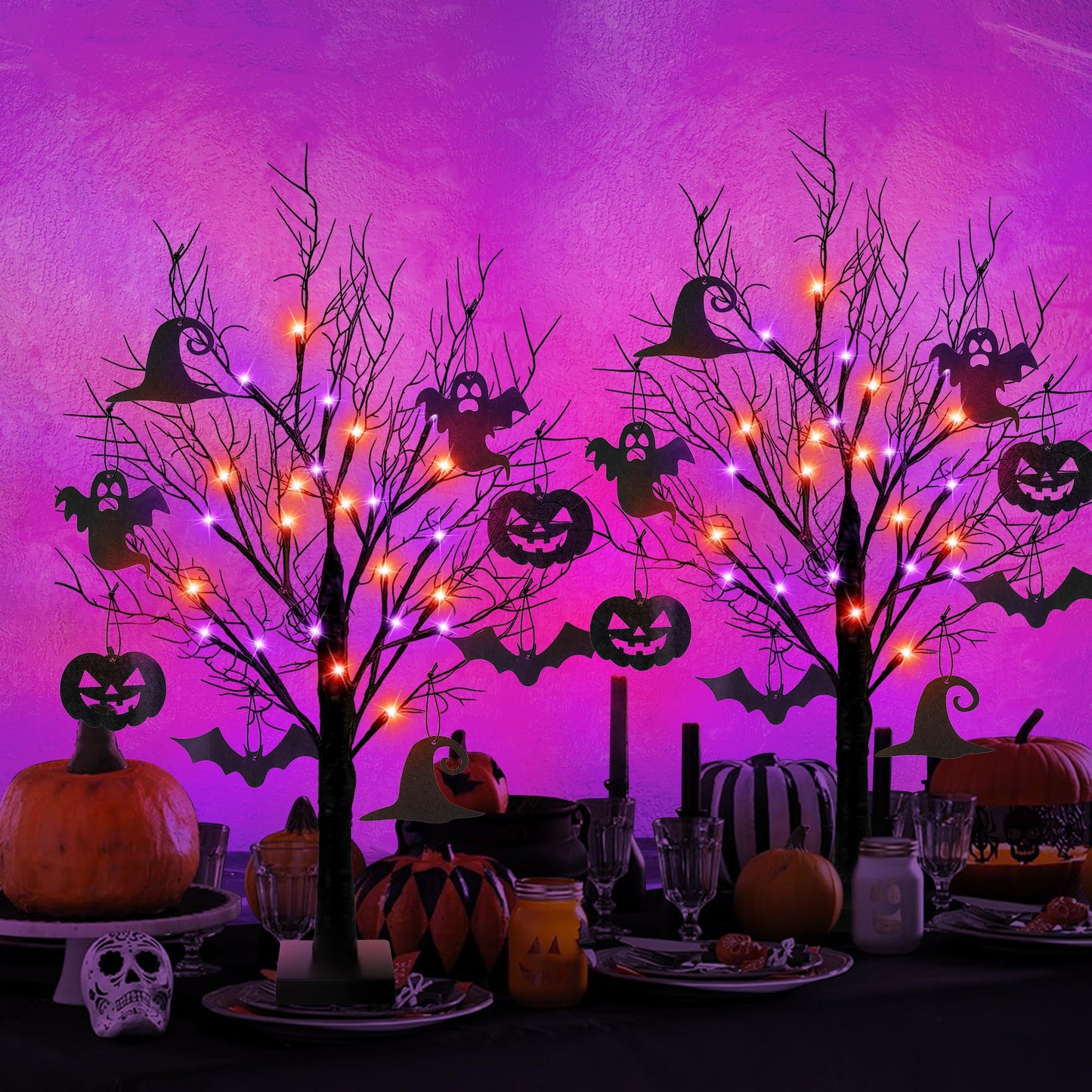 [Timer] 2 Pack 24 Inch Halloween Decorations Indoor, Black Halloween Tree with 24 LED Orange Purple Lights & 16 Pumpkin Bat Ghost Witch Hat, USB/Battery Operated Table Decorations Home Party