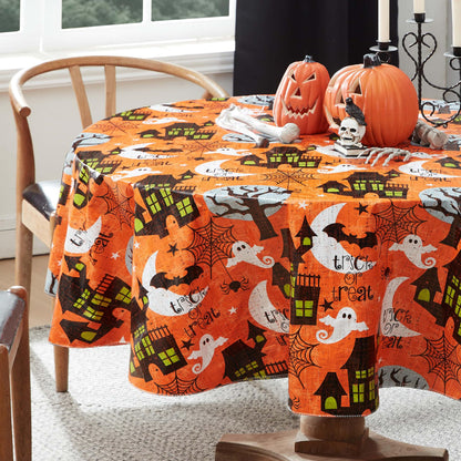 Newbridge Halloween Scream 60 x 84 Inch Oval Vinyl Tablecloth with Flannel Backing, Haunted House Ghost and Bat Design, Easy Care Wipe Clean Halloween Table Cover
