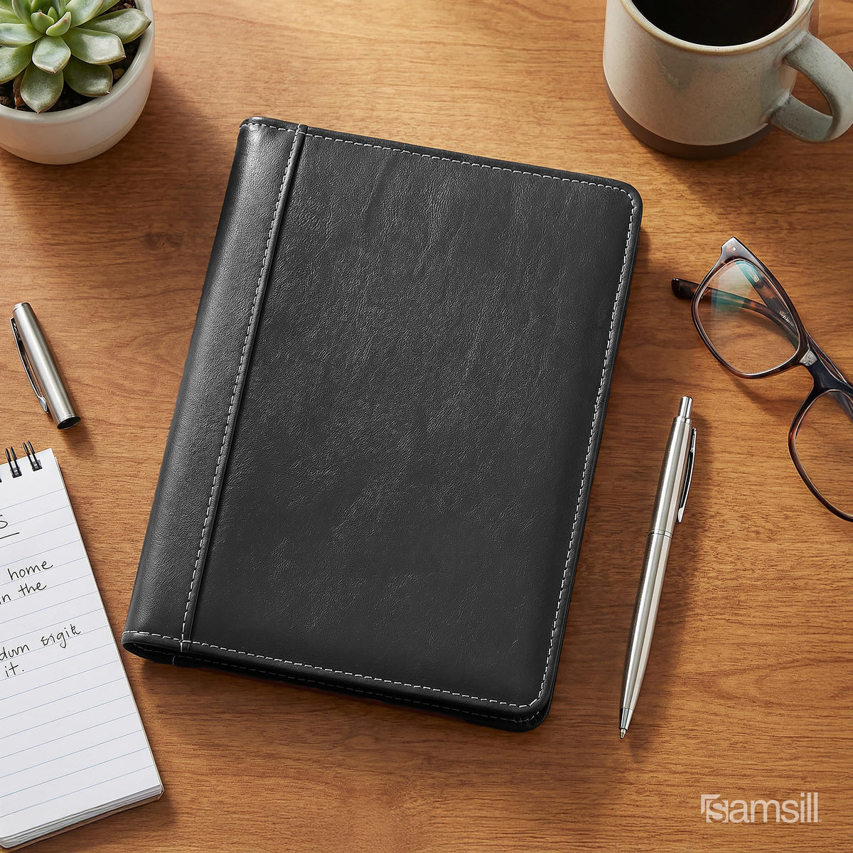 Samsill Contrast Stitch Faux-Leather Portfolio, Mini Size Business Interview Professional Padfolio, Includes 5 x 8 Inch Writing Pad, Black